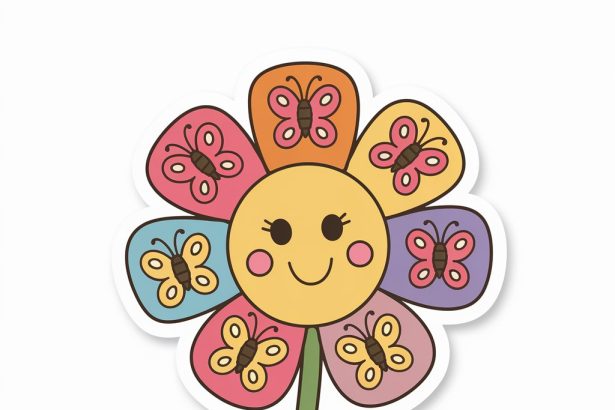 A smiling flower with butterflies in a 2D sticker design