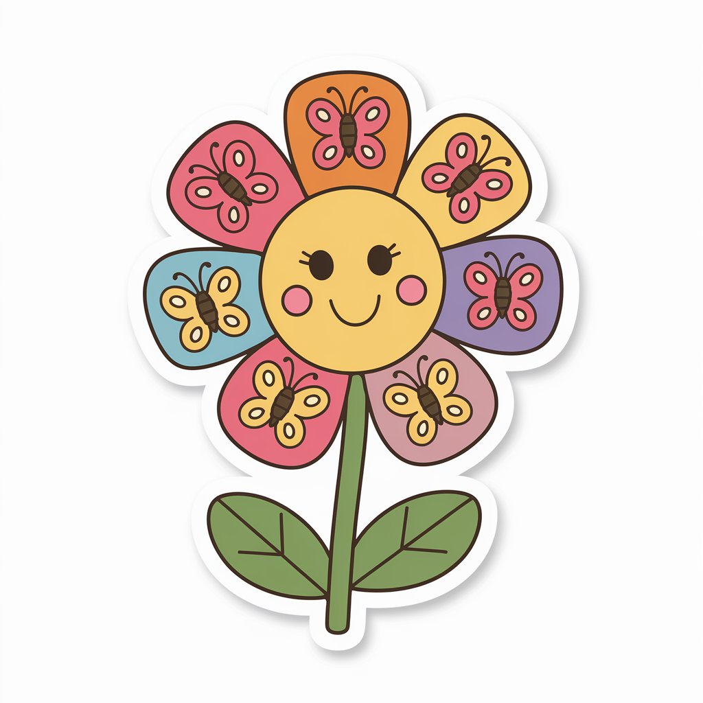 A smiling flower with butterflies in a 2D sticker design