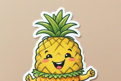 Smiling pineapple wearing a hula skirt, cartoon-style sticker on white background.