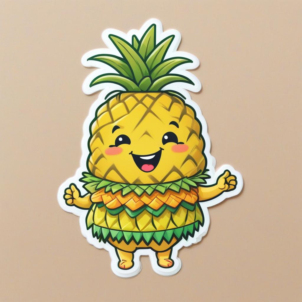 Smiling pineapple wearing a hula skirt, cartoon-style sticker on white background.