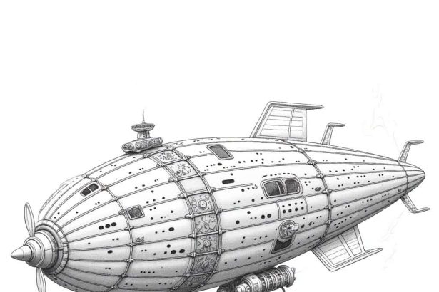 A pencil drawing coloring page of a steampunk airship with intricate gears and metalwork