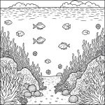 An underwater coral reef coloring page with marine life