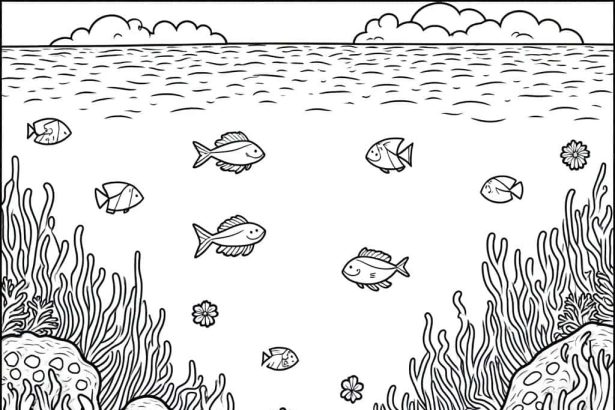 An underwater coral reef coloring page with marine life