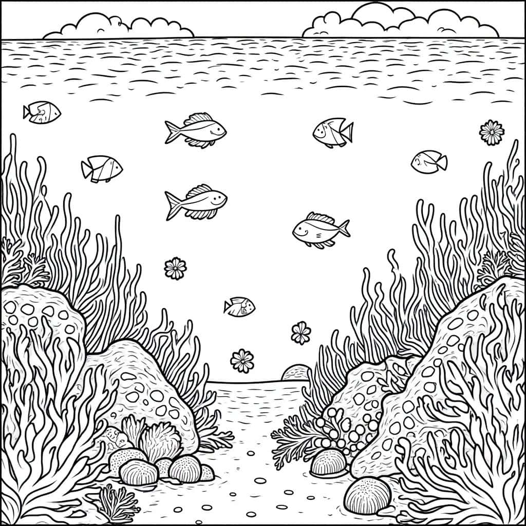 An underwater coral reef coloring page with marine life