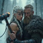 A Viking warrior man and woman in a dark, snowy landscape, ready for battle