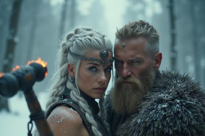 A Viking warrior man and woman in a dark, snowy landscape, ready for battle