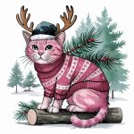 Watercolor illustration of a pink Christmas reindeer cat in a festive sweater, sitting on a log in a snowy landscape.