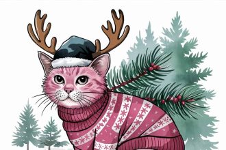 Watercolor illustration of a pink Christmas reindeer cat in a festive sweater, sitting on a log in a snowy landscape.