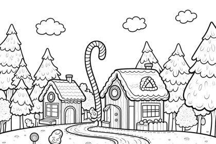 A Candyland coloring page with lollipops, gingerbread houses, and candy canes