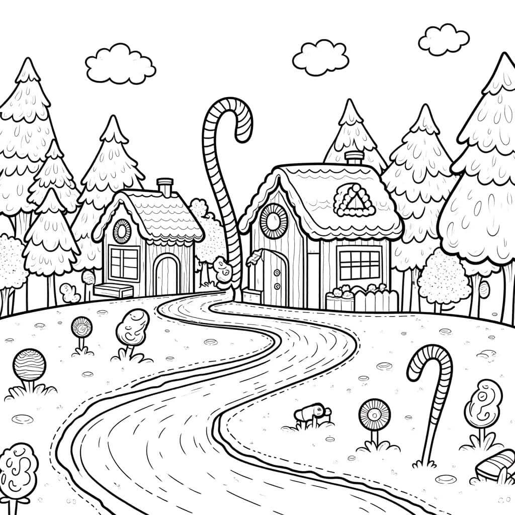 A Candyland coloring page with lollipops, gingerbread houses, and candy canes