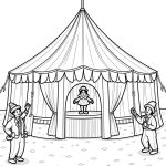 Whimsical circus illustration with acrobats, clowns, and a ringmaster for coloring.