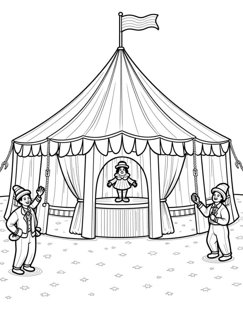 Whimsical circus illustration with acrobats, clowns, and a ringmaster for coloring.