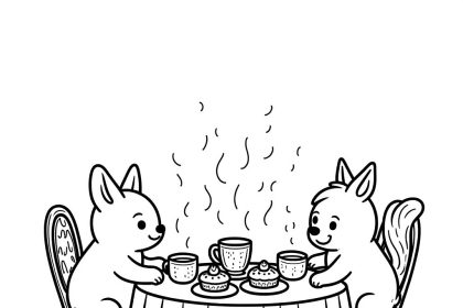 A whimsical tea party coloring page with cute animals and pastries