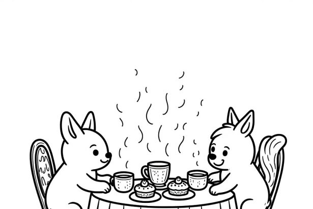 A whimsical tea party coloring page with cute animals and pastries