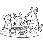 Cute animals having a tea party with teapots and pastries, line art.