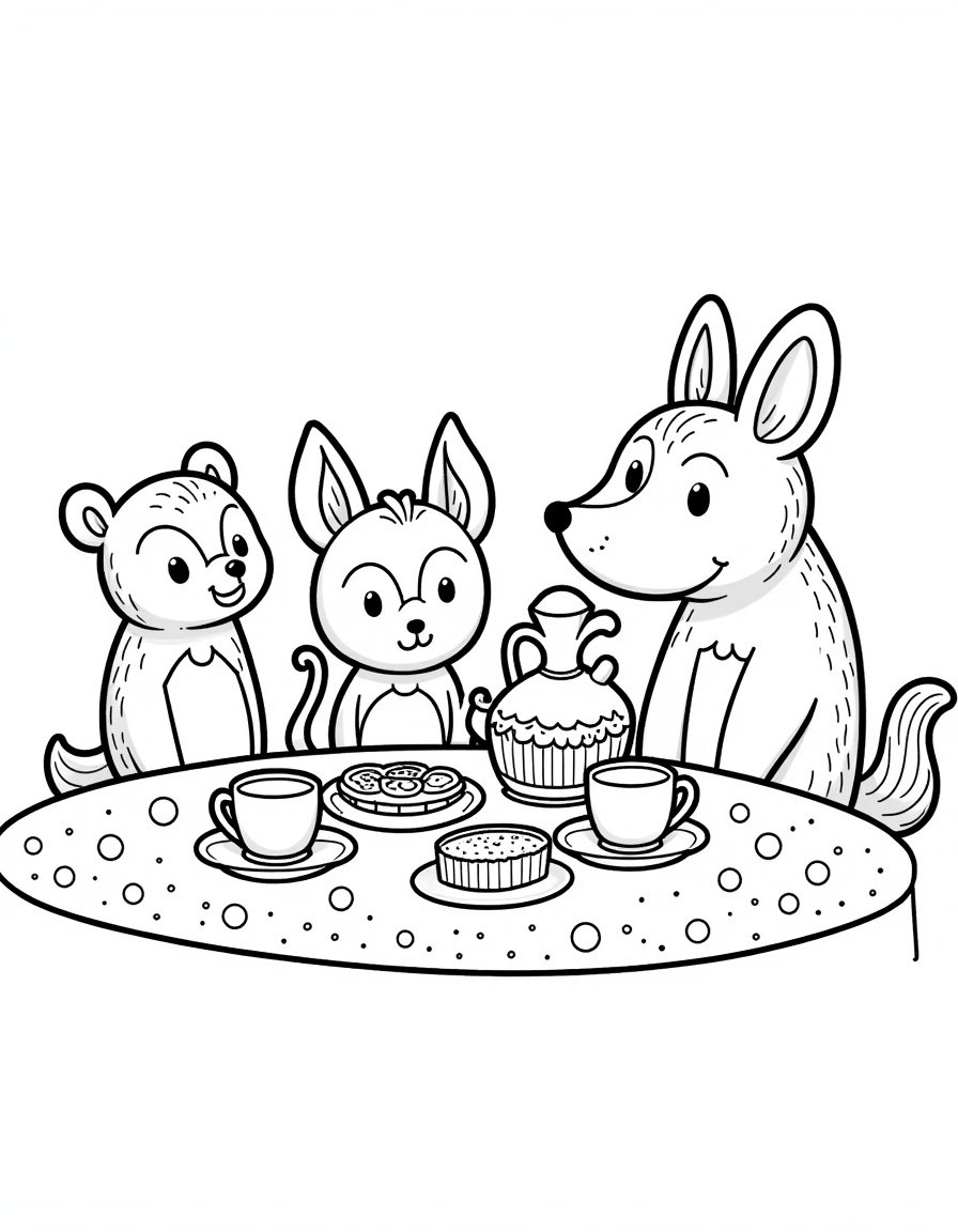 Cute animals having a tea party with teapots and pastries, line art.