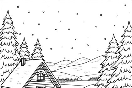 A winter wonderland coloring page with snow-covered landscapes and cabins