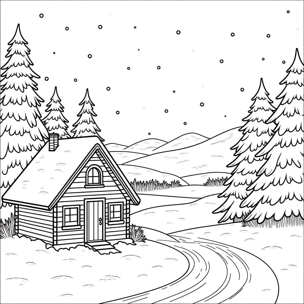 A winter wonderland coloring page with snow-covered landscapes and cabins