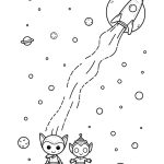 Black and white line art of a space adventure with rockets, planets, and adorable aliens.