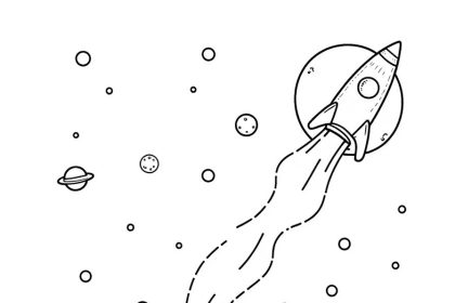 Black and white line art of a space adventure with rockets, planets, and adorable aliens.