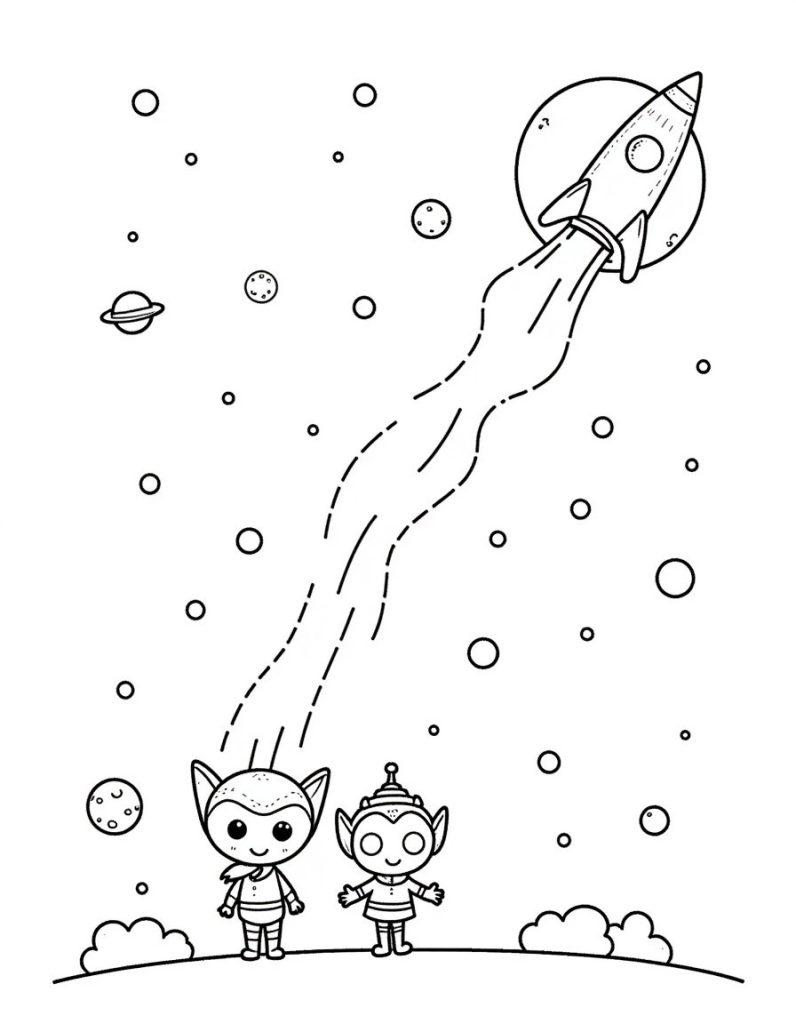 Black and white line art of a space adventure with rockets, planets, and adorable aliens.