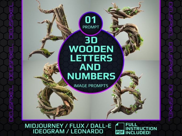 3D Wooden Letters & Numbers Prompt | Create Organic Designs with Moss and Texture Using Ideogram | Flux | MidJourney | Leonardo, and DALL-E