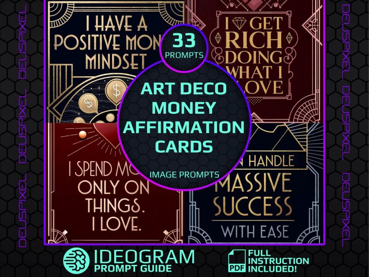 Art Deco Money Affirmation Card Prompts-Create Stunning Wealth-Inspiring Designs with Bold Patterns, Gold Accents, and Powerful Affirmations