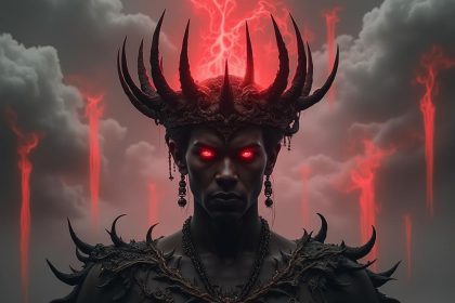 A dark figure with a spiked crown, glowing red energy, intricate jewelry, and an intense supernatural atmosphere.