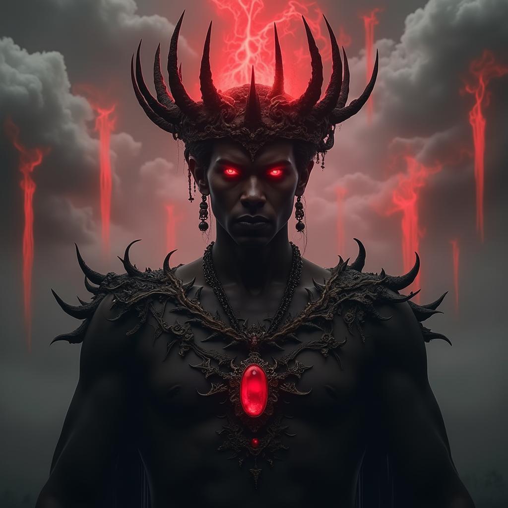 A dark figure with a spiked crown, glowing red energy, intricate jewelry, and an intense supernatural atmosphere.