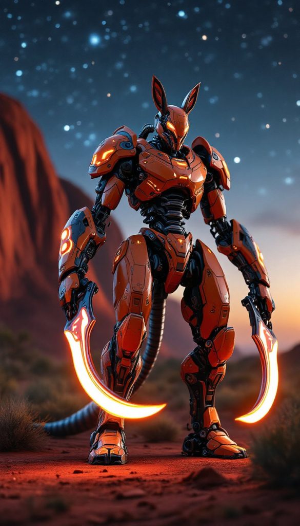 A rugged robot with earthy-toned armor, kangaroo-like legs, and boomerang plasma blades.