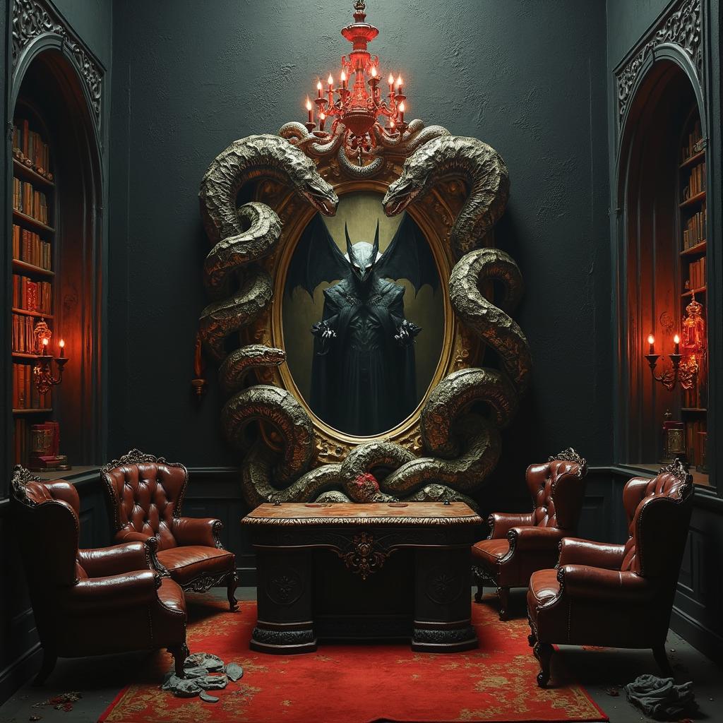 Beelzebub in a snake-shaped frame with shadow wings and a gothic office illuminated by dim red lighting.