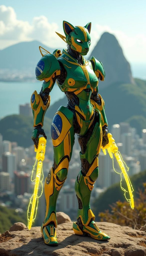 A vibrant robot with green, yellow, and blue armor, jaguar-like claws, and carnival-themed weapons.