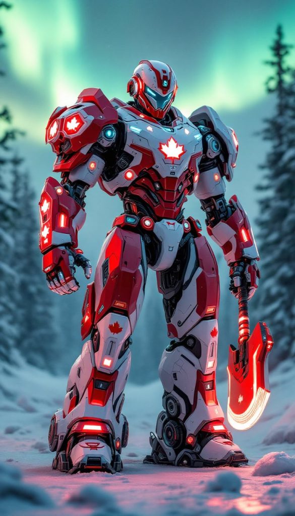 A powerful robot with red and white armor, a glowing maple leaf insignia, and an energy axe.