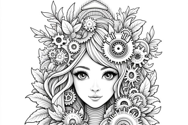 A hyper-realistic pencil drawing of a steampunk-inspired Clockwork Garden with mechanical flora, designed for a grayscale coloring book page.