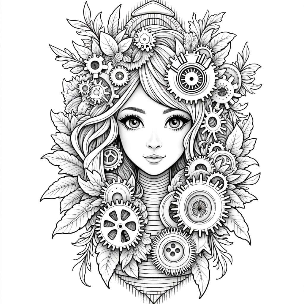 A hyper-realistic pencil drawing of a steampunk-inspired Clockwork Garden with mechanical flora, designed for a grayscale coloring book page.