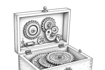 A pencil drawing of a clockwork music box with intricate gears, designed as a grayscale coloring book page.