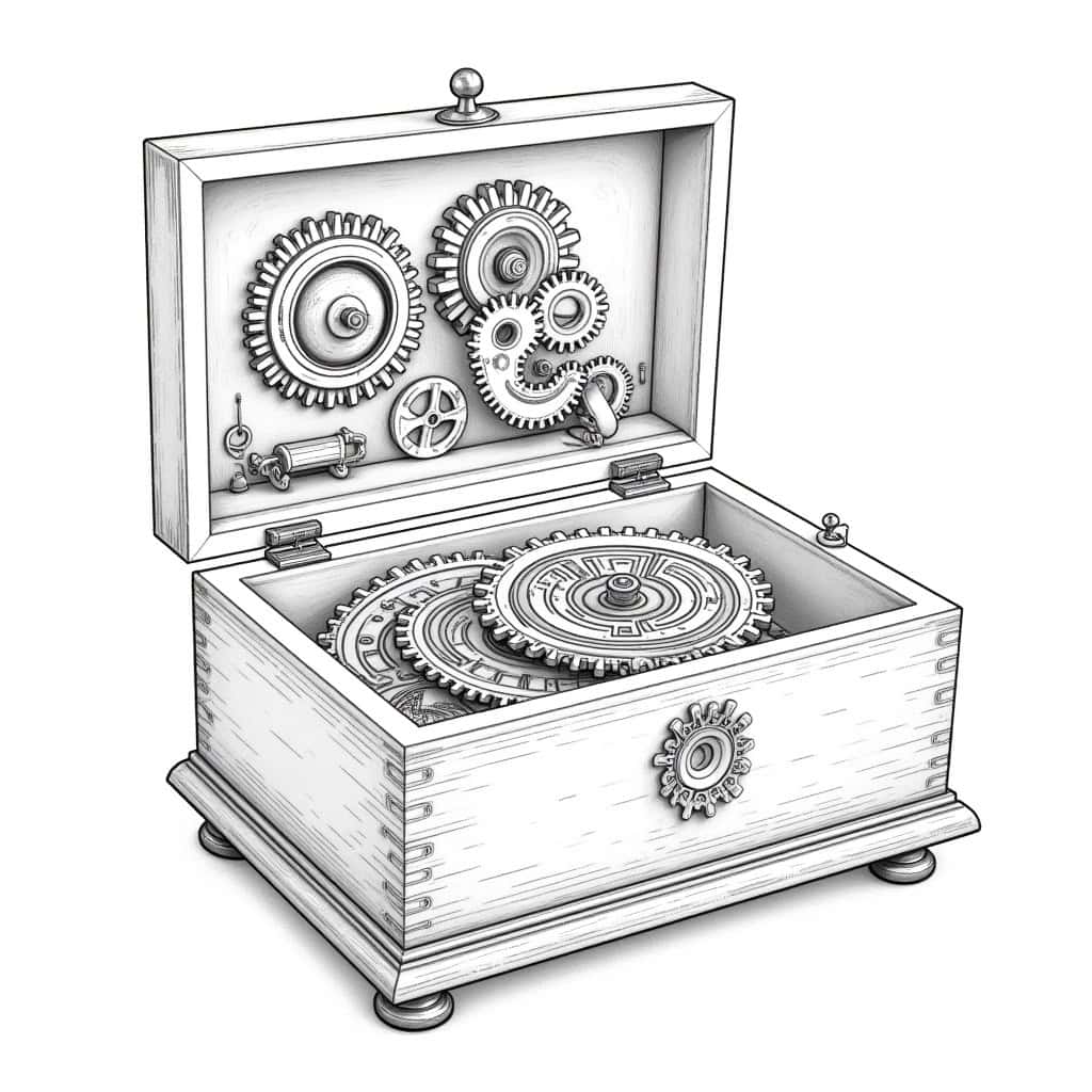 A pencil drawing of a clockwork music box with intricate gears, designed as a grayscale coloring book page.