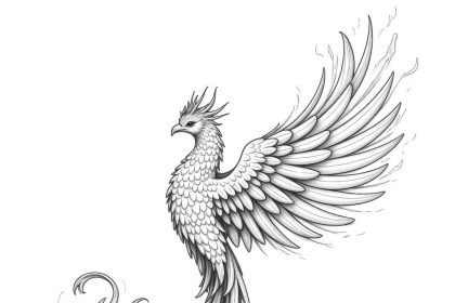 A detailed pencil drawing of a cosmic phoenix with fiery feathers and celestial flames, designed for a grayscale coloring book page.