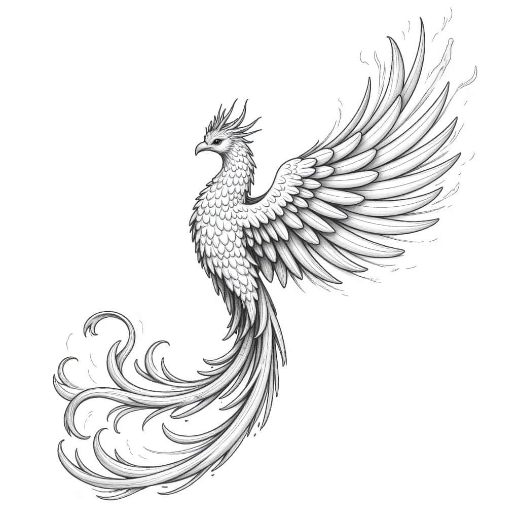 A detailed pencil drawing of a cosmic phoenix with fiery feathers and celestial flames, designed for a grayscale coloring book page.