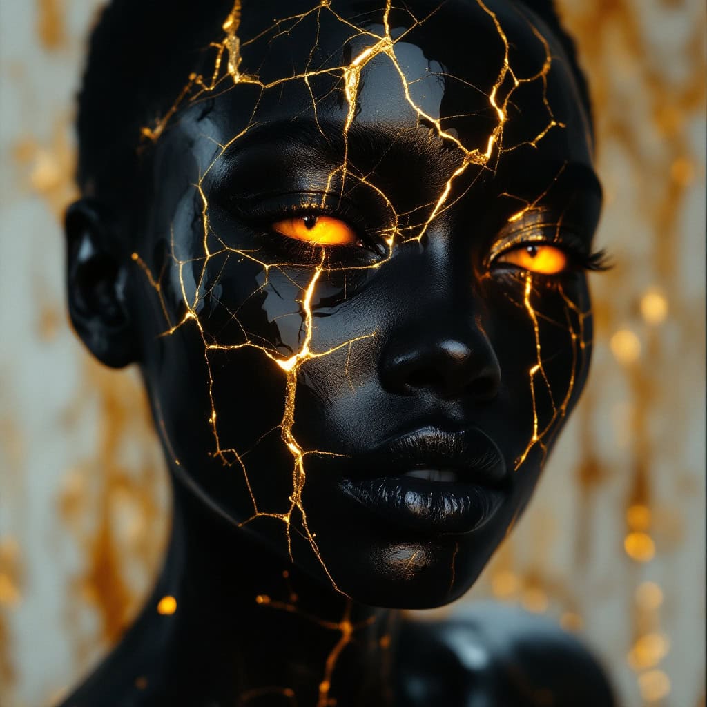 Surreal face with African features made of cracked black porcelain, filled with liquid gold, and set against a baroque-inspired abstract background.