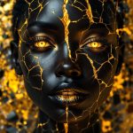 Surreal face with African features made of cracked black porcelain, filled with liquid gold, and set against a baroque-inspired abstract background.