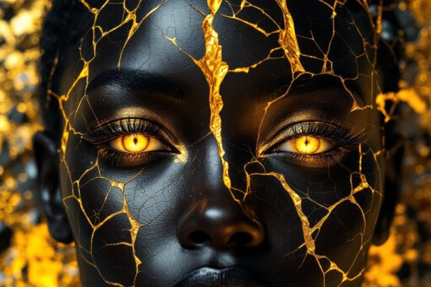 Surreal face with African features made of cracked black porcelain, filled with liquid gold, and set against a baroque-inspired abstract background.