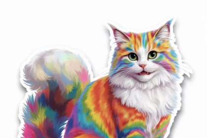 A playful 2D sticker of a rainbow-colored cat with a fluffy tail and adorable eyes on a white background.