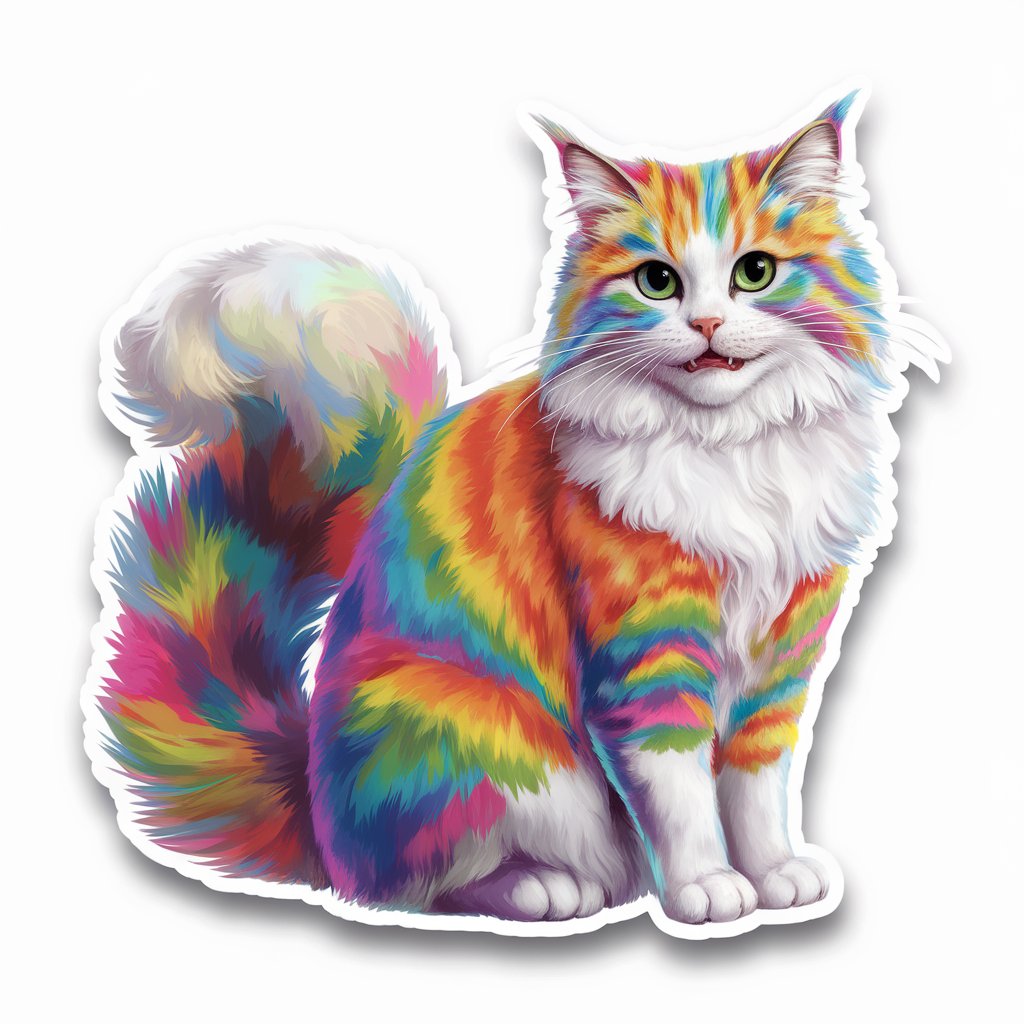 A playful 2D sticker of a rainbow-colored cat with a fluffy tail and adorable eyes on a white background.