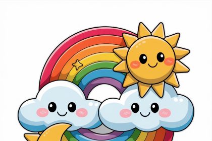 A cute 2D sticker featuring a rainbow cloud, a smiling sun, and a moon on a white background.