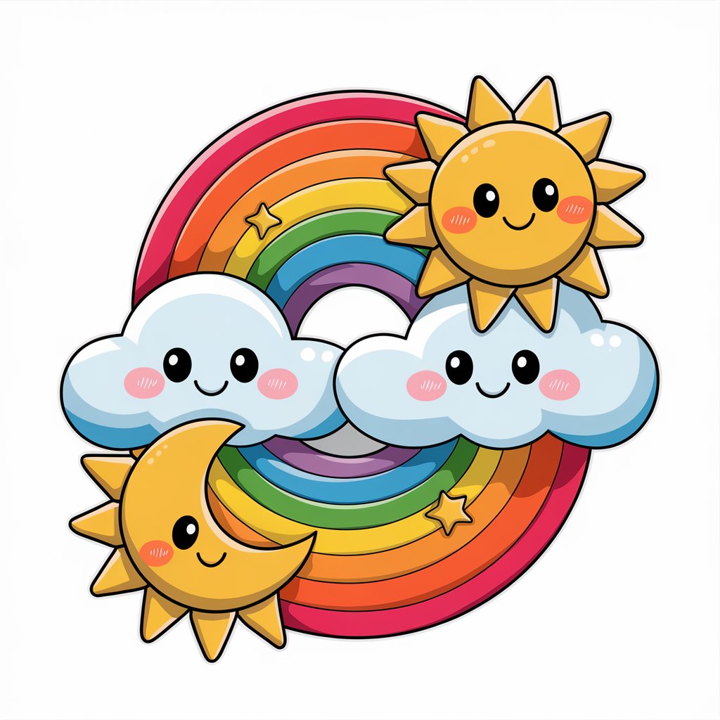 A cute 2D sticker featuring a rainbow cloud, a smiling sun, and a moon on a white background.