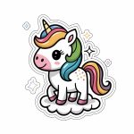 A magical 2D sticker of a cute rainbow unicorn with a flowing mane and sparkles on a white background.