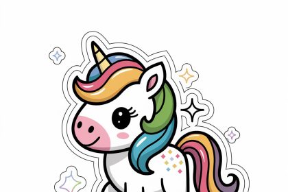 A magical 2D sticker of a cute rainbow unicorn with a flowing mane and sparkles on a white background.