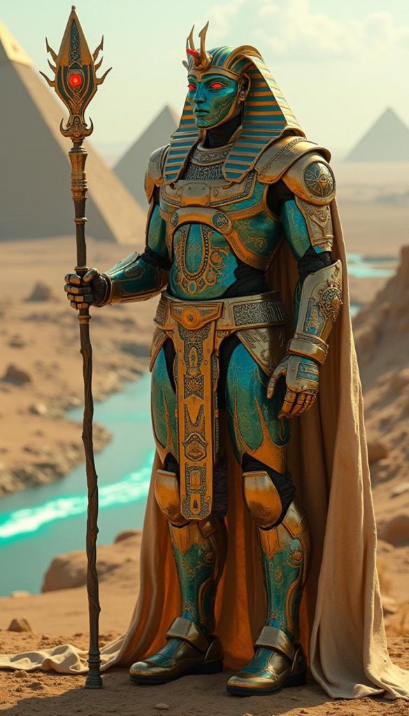 A majestic robot with gold and turquoise armor, hieroglyphic patterns, and a cobra headpiece.