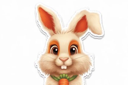 A 2D sticker of a fluffy bunny holding a carrot, featuring white and orange colors with cute, cuddly details on a white background.